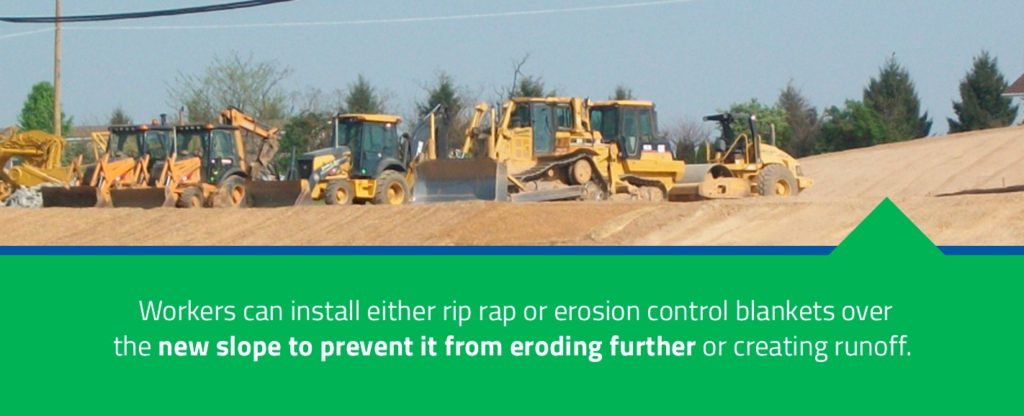 Workers can install either rip rap or erosion control blankets over the new slope to prevent it from eroding further or creating runoff