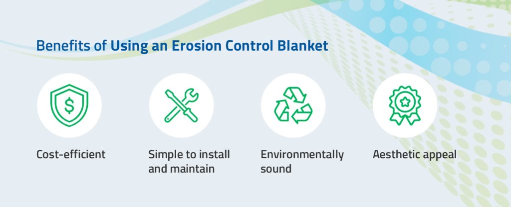 Benefits of using an erosion control blanket include cost efficiency, simple to install and maintain, environmentally sound, and has an aesthetic appeal